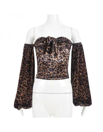 Replica Leopard Off Shoulder Lantern Sleeve Tops #801934 $31.54 USD for Wholesale