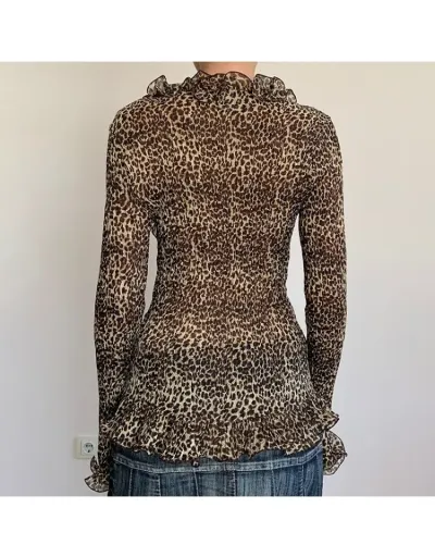 Replica Leopard Pattern Ruffle V Neck Chiffon Long Sleeve Blouses #801936 $32.42 USD for Wholesale