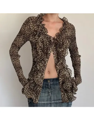 Replica Leopard Pattern Ruffle V Neck Chiffon Long Sleeve Blouses #801936 $32.42 USD for Wholesale