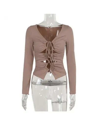 Replica Drawstring Lace Up V Neck Long Sleeve Tops #801940 $24.60 USD for Wholesale