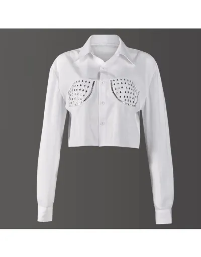 Replica Hotfix Rhinestones Single Breasted Long Sleeve Blouses #801948 $35.20 USD for Wholesale