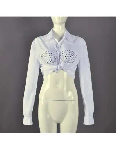 Replica Hotfix Rhinestones Single Breasted Long Sleeve Blouses #801948 $35.20 USD for Wholesale