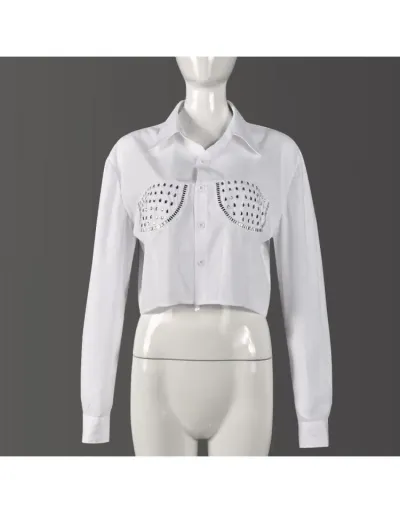 Replica Hotfix Rhinestones Single Breasted Long Sleeve Blouses #801948 $35.20 USD for Wholesale