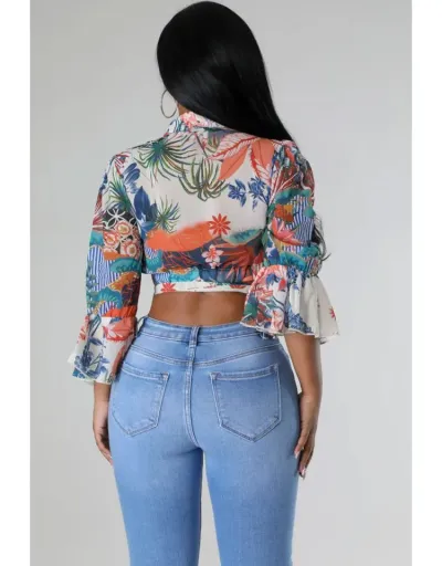 Replica Floral Trumpet Sleeve Bandage Cropped Shirt #801954 $37.85 USD for Wholesale