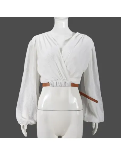 Replica Buckle-loop V Neck Lantern Sleeve Cropped Tops #801959 $37.18 USD for Wholesale