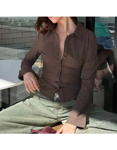 Replica Striped Single Breasted Long Sleeve Blouses #801962 $29.46 USD for Wholesale