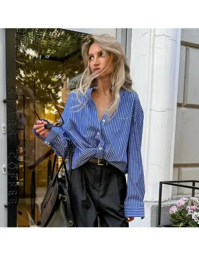 Replica Pure Color Striped Loose Long Sleeve Blouses #801964 $30.65 USD for Wholesale