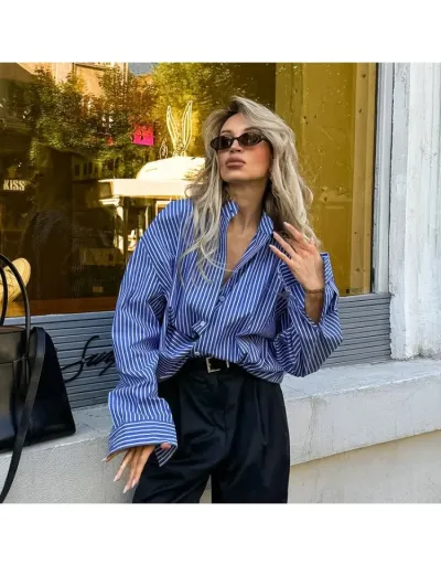 Replica Pure Color Striped Loose Long Sleeve Blouses #801964 $30.65 USD for Wholesale