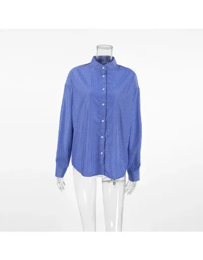 Replica Pure Color Striped Loose Long Sleeve Blouses #801964 $30.65 USD for Wholesale