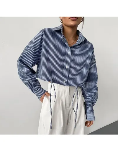 Striped Drawstring Casual Cropped Blouses #801967 $30.34 USD, Wholesale Fashion Blouses