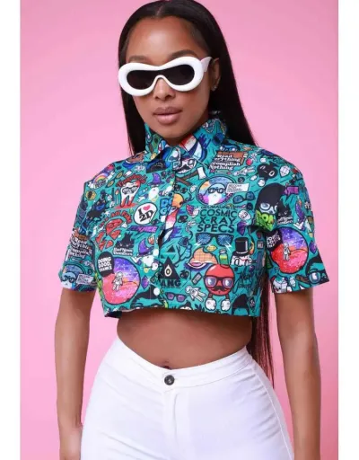 Graffiti Cartoon Printed Cropped Shirt #801969 $28.16 USD, Wholesale Fashion Blouses