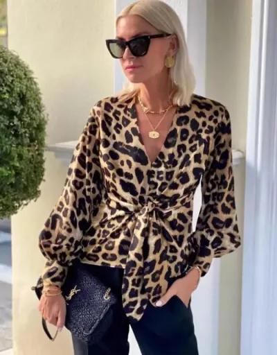 Leopard Print V Neck Lace Up Shirt #801974 $34.94 USD, Wholesale Fashion Blouses