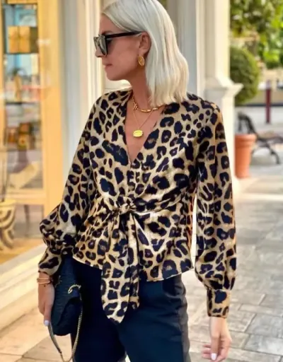 Replica Leopard Print V Neck Lace Up Shirt #801974 $34.94 USD for Wholesale