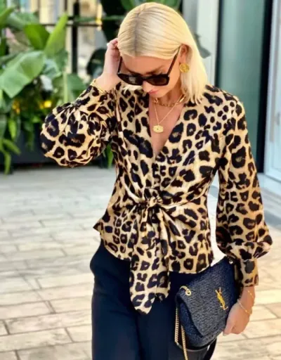 Replica Leopard Print V Neck Lace Up Shirt #801974 $34.94 USD for Wholesale