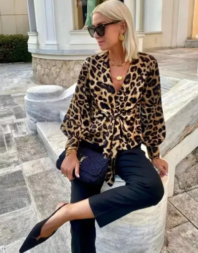 Replica Leopard Print V Neck Lace Up Shirt #801974 $34.94 USD for Wholesale