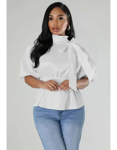 Plain Tie-wrap Ruched Puff Sleeve Blouses #801975 $38.78 USD, Wholesale Fashion Blouses