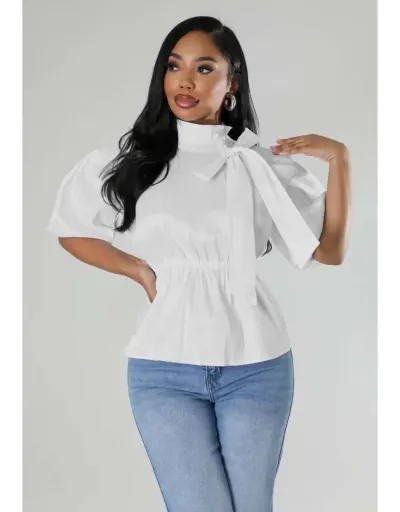 Replica Plain Tie-wrap Ruched Puff Sleeve Blouses #801975 $38.78 USD for Wholesale