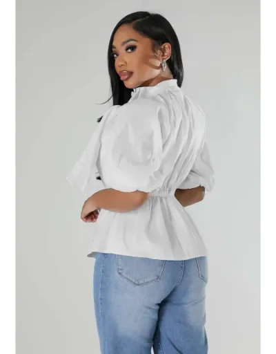 Replica Plain Tie-wrap Ruched Puff Sleeve Blouses #801975 $38.78 USD for Wholesale