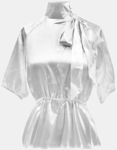 Replica Plain Tie-wrap Ruched Puff Sleeve Blouses #801975 $38.78 USD for Wholesale