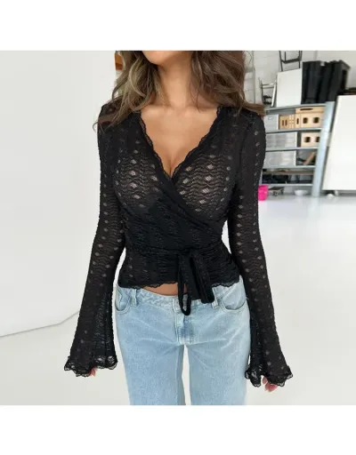 See Through Wrap Tie-wrap V Neck Blouses #801978 $30.29 USD, Wholesale Fashion Blouses