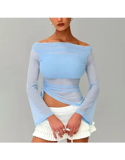 Drawstring See Through Off Shoulder Tops #801980 $21.53 USD, Wholesale Fashion Blouses