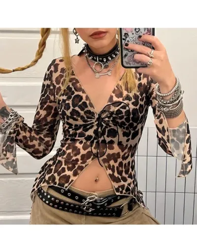 Floral Leopard V Neck Tie-wrap Shirt #801986 $20.15 USD, Wholesale Fashion Blouses