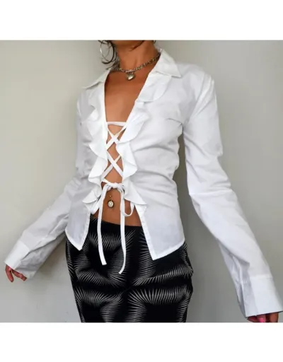 Replica Patchwork Tie-wrap Ruffle Long Sleeve Blouses #801988 $21.40 USD for Wholesale