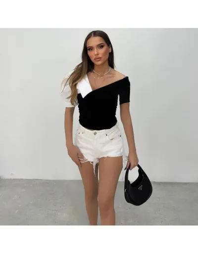 Replica Contrast Color One Shoulder Cropped Tops #801989 $23.02 USD for Wholesale