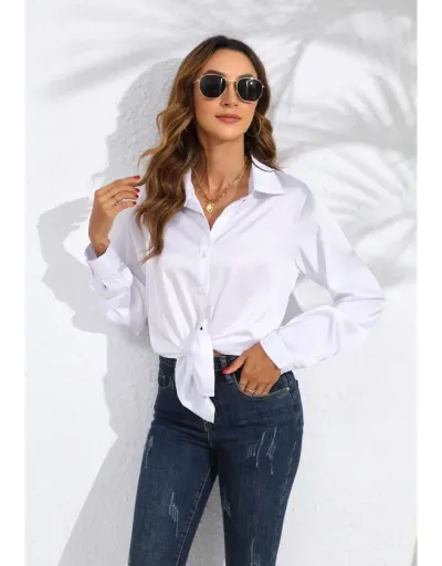 Replica Down Collar Long Sleeve Satin Blouses #801996 $22.93 USD for Wholesale