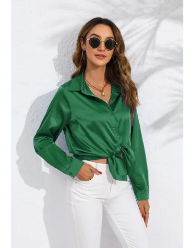 Replica Down Collar Long Sleeve Satin Blouses #801996 $22.93 USD for Wholesale