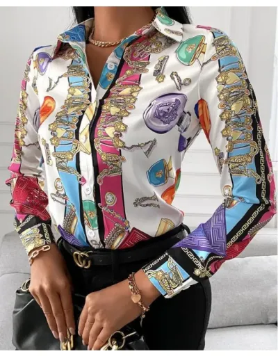 Casual Print Long Sleeve Blouse For Women Long Sleeve Turndown Collar #801998 $7.59 USD, Wholesale Fashion Blouses