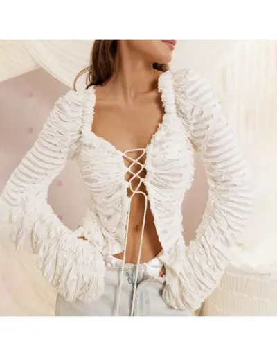 Ruched Lace Up Long Sleeve Blouses #802004 $45.79 USD, Wholesale Fashion Blouses