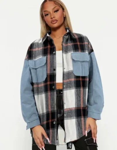 Plaid Denim Patchwork Loose Shirt Coats #802006 $38.90 USD, Wholesale Fashion Blouses