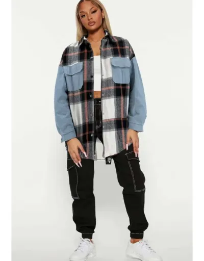 Replica Plaid Denim Patchwork Loose Shirt Coats #802006 $38.90 USD for Wholesale