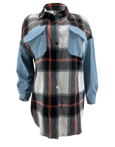 Replica Plaid Denim Patchwork Loose Shirt Coats #802006 $38.90 USD for Wholesale