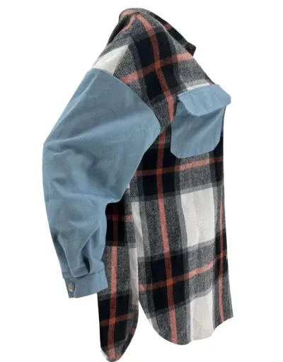 Replica Plaid Denim Patchwork Loose Shirt Coats #802006 $38.90 USD for Wholesale