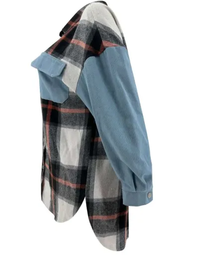 Replica Plaid Denim Patchwork Loose Shirt Coats #802006 $38.90 USD for Wholesale