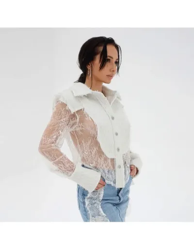 Lace See Through Raged Hem Lapel Shirt #802008 $47.78 USD, Wholesale Fashion Blouses