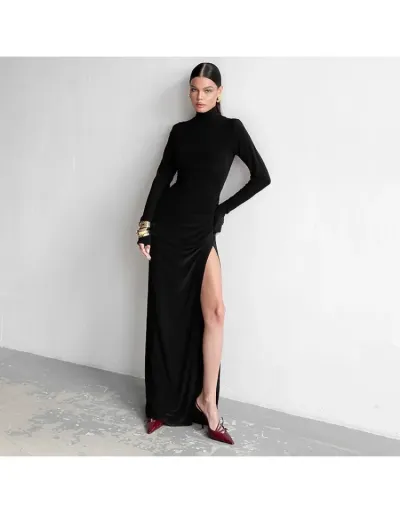 Turtleneck Ruched Side Slit Fitted Maxi Dress #802023 $40.52 USD, Wholesale Fashion 