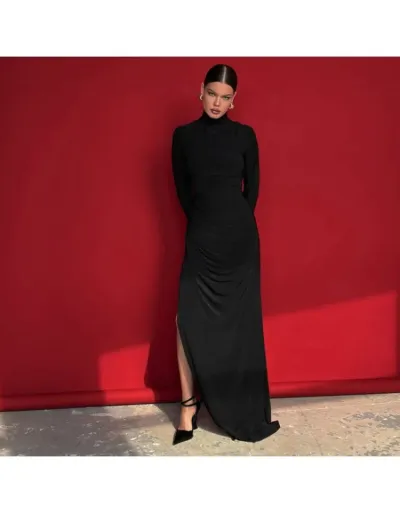 Replica Turtleneck Ruched Side Slit Fitted Maxi Dress #802023 $40.52 USD for Wholesale