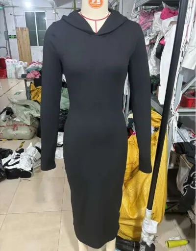 Replica Plain Fitted Long Sleeve Hooded Maxi Dress #802038 $26.43 USD for Wholesale