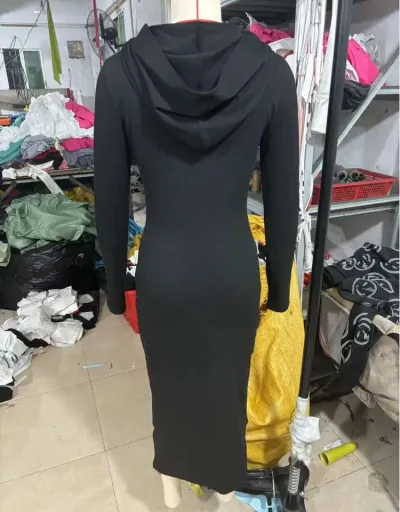 Replica Plain Fitted Long Sleeve Hooded Maxi Dress #802038 $26.43 USD for Wholesale