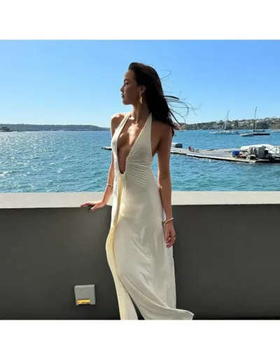 Replica Elegant Solid V Neck Backless Sleeveless Maxi Dress #802053 $39.65 USD for Wholesale