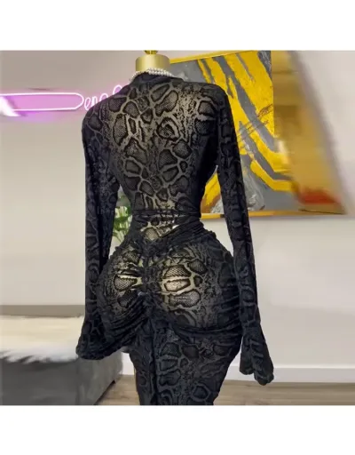 Replica Sexy Snake Printed Lace Patchwork Mock Neck Long Sleeve Maxi Dress #802054 $74.18 USD for Wholesale