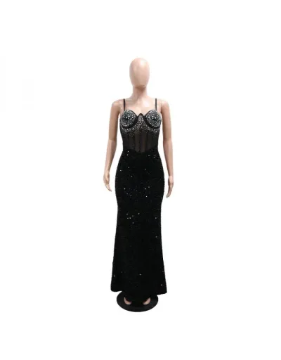 Replica Luxurious Patchwork Hotfix Rhinestones Sequins Sleeveless Maxi Dress #802055 $64.88 USD for Wholesale