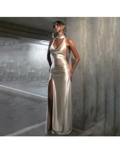 Elegant Satin Halter V Neck Backless Split Sleeveless Maxi Dress #802058 $40.50 USD, Wholesale Fashion 