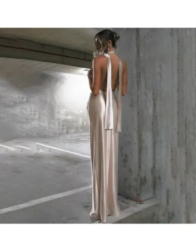 Replica Elegant Satin Halter V Neck Backless Split Sleeveless Maxi Dress #802058 $40.50 USD for Wholesale