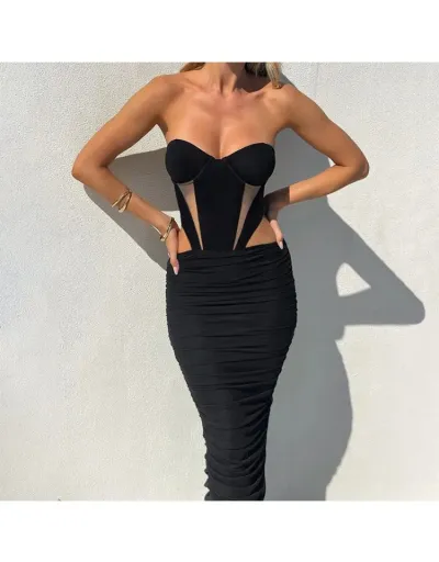 Replica Ruched See Through Strapless Maxi Dress #802070 $40.07 USD for Wholesale