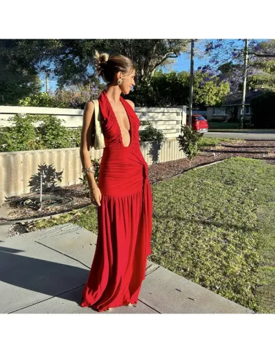 Replica Ruched Halter Backless Split Hem Maxi Dress #802087 $41.68 USD for Wholesale