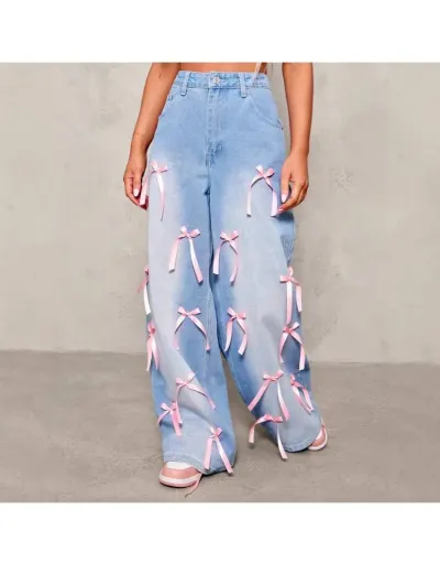 Replica Sweet Gradient Ribbon Bow Wide Leg Jeans #802141 $48.67 USD for Wholesale